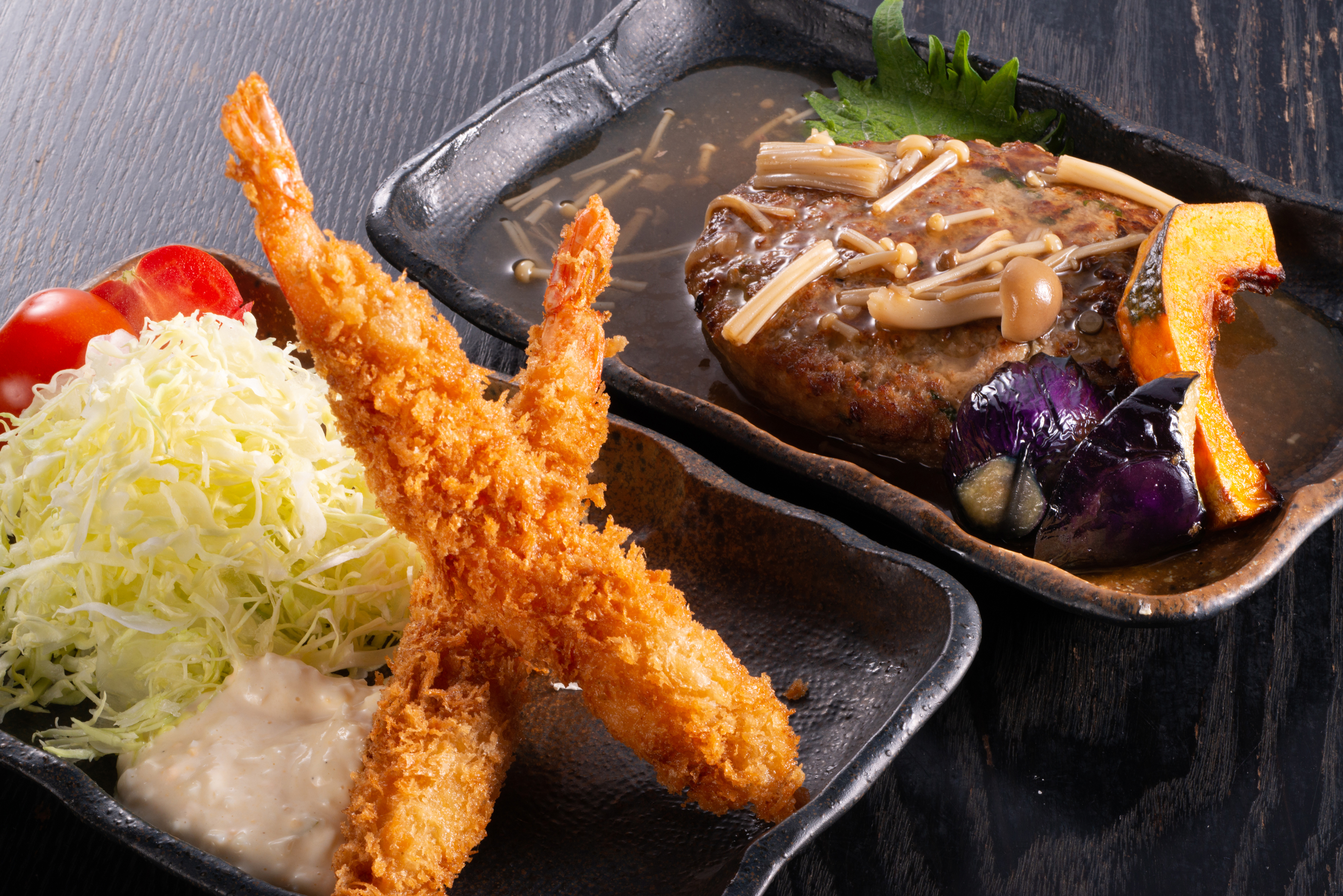 大葉入り牛豆腐ハンバーグと海老フライのセット(海老2尾)